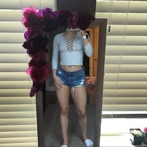 3/4 Sleeve Crop Top Lace Up Front